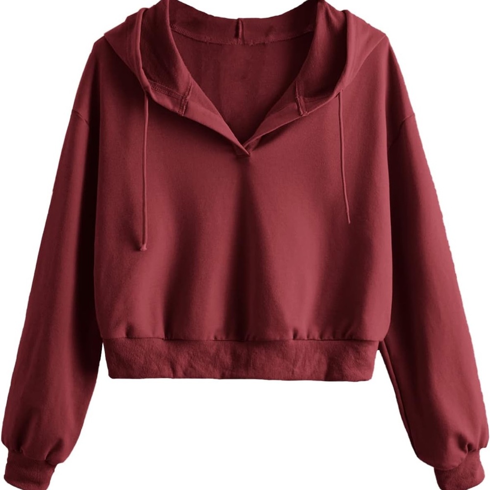 Verdusa Cropped Boxy Drop Shoulder Drawstring Hoodie Wine Red Sweatshirt NWT L